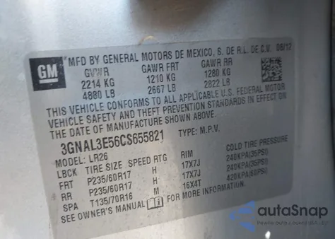 2012 Chevrolet Captiva Sport Lt from USA, damaged, VIN 3GNAL3E56CS655821